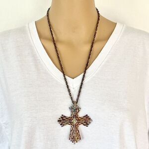 Vintage Multicolor Cross Rhinestone Pendant Necklace Rope Chain Spring Ring